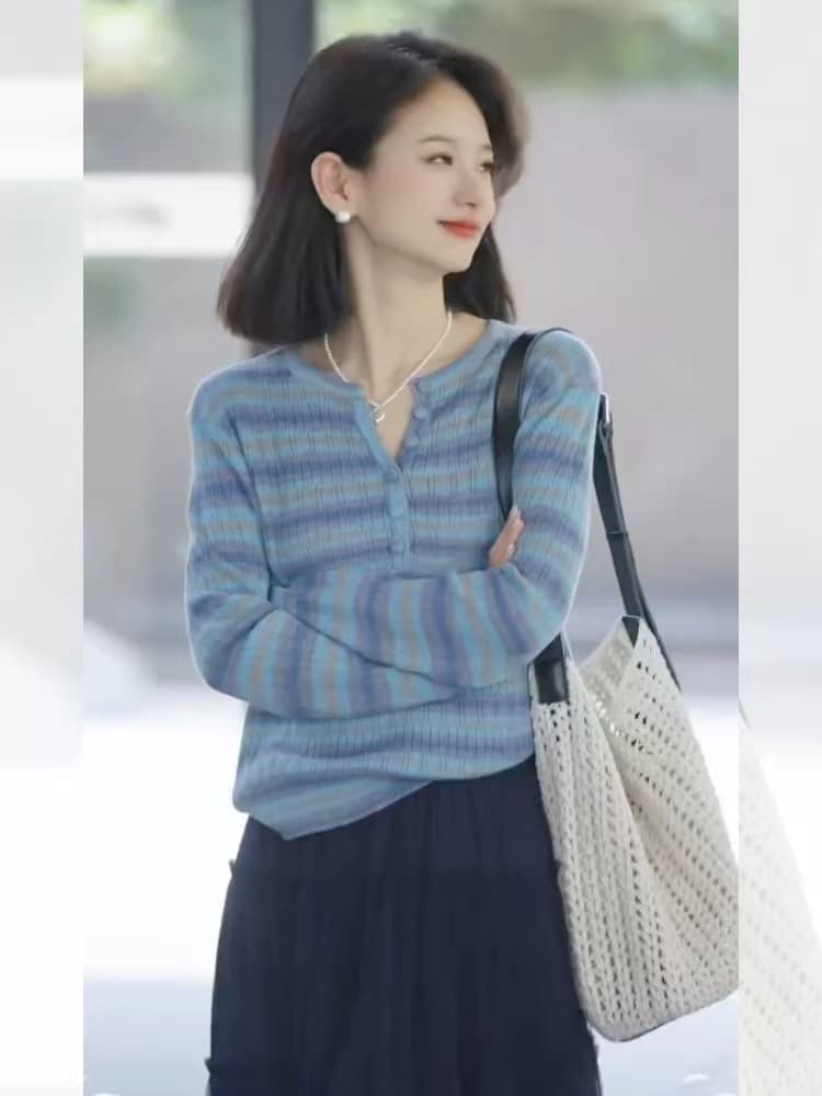 파란색 그라데이션 스트라이프 얼음 실크 자외선 차단 긴팔 티셔츠 여성 여름 외부 가져 가라. Tulle 작은 키 루즈핏 블라우스 맨위 이미지 4