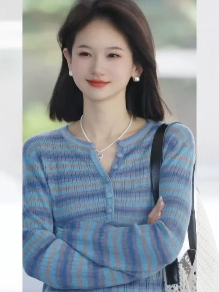 파란색 그라데이션 스트라이프 얼음 실크 자외선 차단 긴팔 티셔츠 여성 여름 외부 가져 가라. Tulle 작은 키 루즈핏 블라우스 맨위 이미지 3