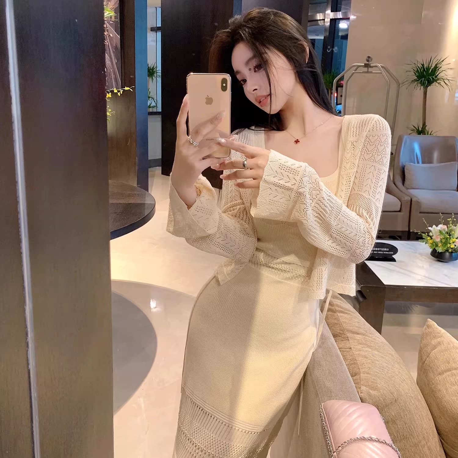 lilylikes 여름 오래된 돈 휴가 센스 상쾌 부드러운 마 센스 홀로우 아웃 조끼 스커트 오픈 가디건 투피스 세트 이미지 4
