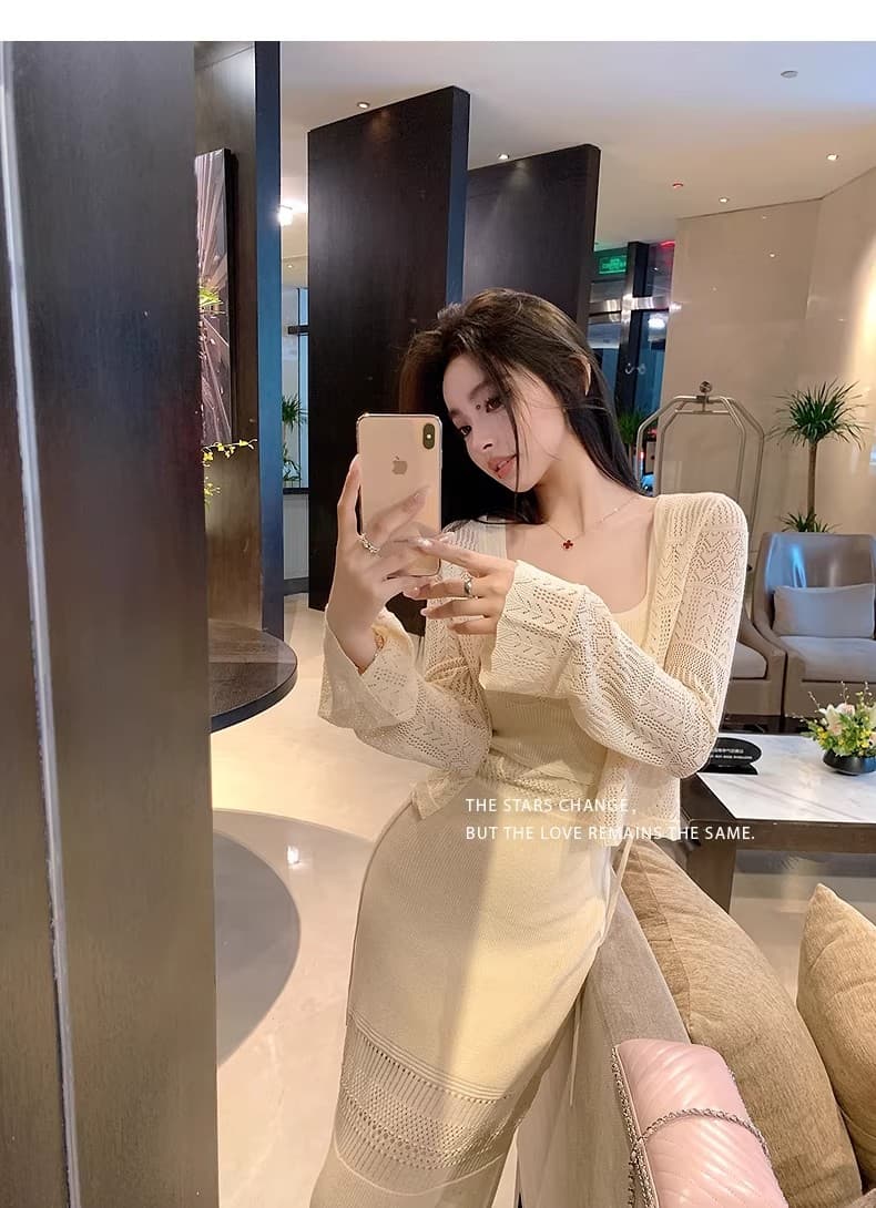 lilylikes 여름 오래된 돈 휴가 센스 상쾌 부드러운 마 센스 홀로우 아웃 조끼 스커트 오픈 가디건 투피스 세트 상세 이미지 3