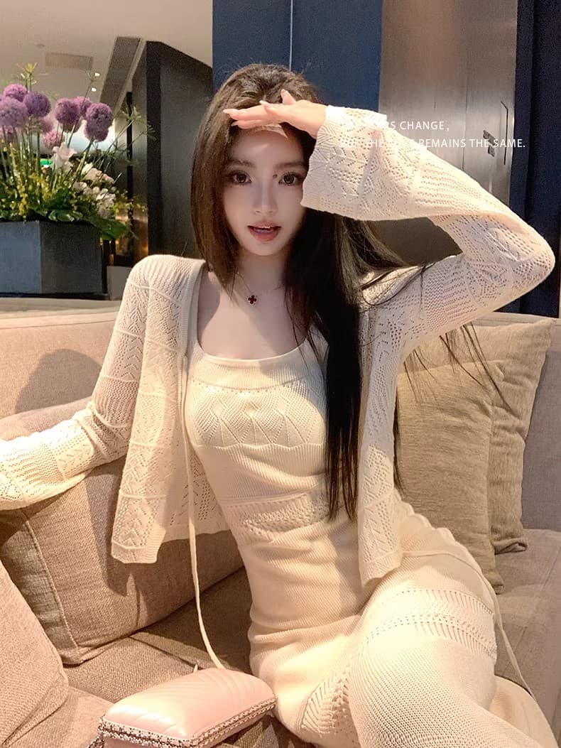 lilylikes 여름 오래된 돈 휴가 센스 상쾌 부드러운 마 센스 홀로우 아웃 조끼 스커트 오픈 가디건 투피스 세트 상세 이미지 20