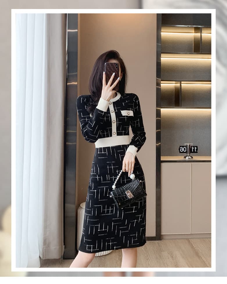 가을 겨울철 프랑스식 작은 샤넬 스타일 라운드 넥 니트 여성 드레스 ol 출퇴근 중간 길이 허리 수축 슬림해 보이는 인사이드 가져 가라. 치마 상세 이미지 3