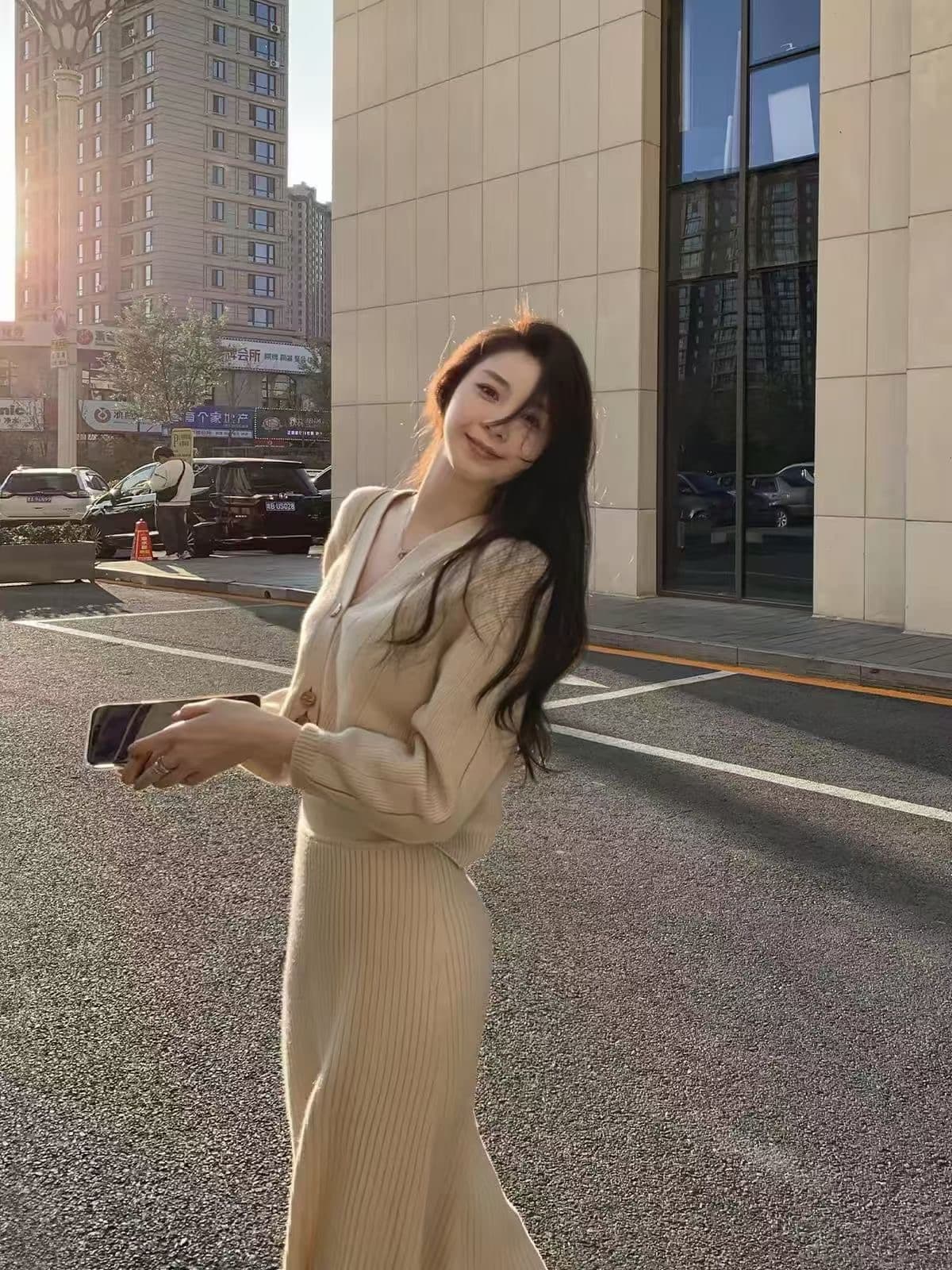 2026 폭발 향기로운 부드러운 니트 V넥 니트 오픈 가디건 반신 롱 스커트 세트 투피스 세트 상세 이미지 3
