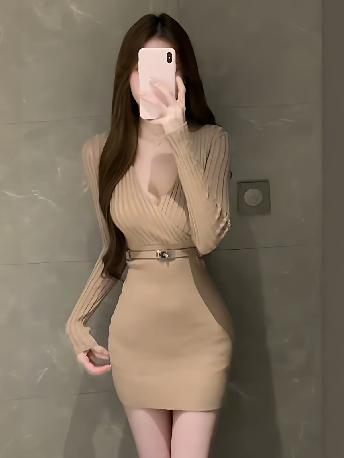 한 부서 품격 명문 여성 V넥 니트 스웨터 드레스 가을 겨울 작은 심장 기계 나이트 클럽 달콤한 매운맛 바람 ol 타이트 스커트 미니 스커트 이미지 2