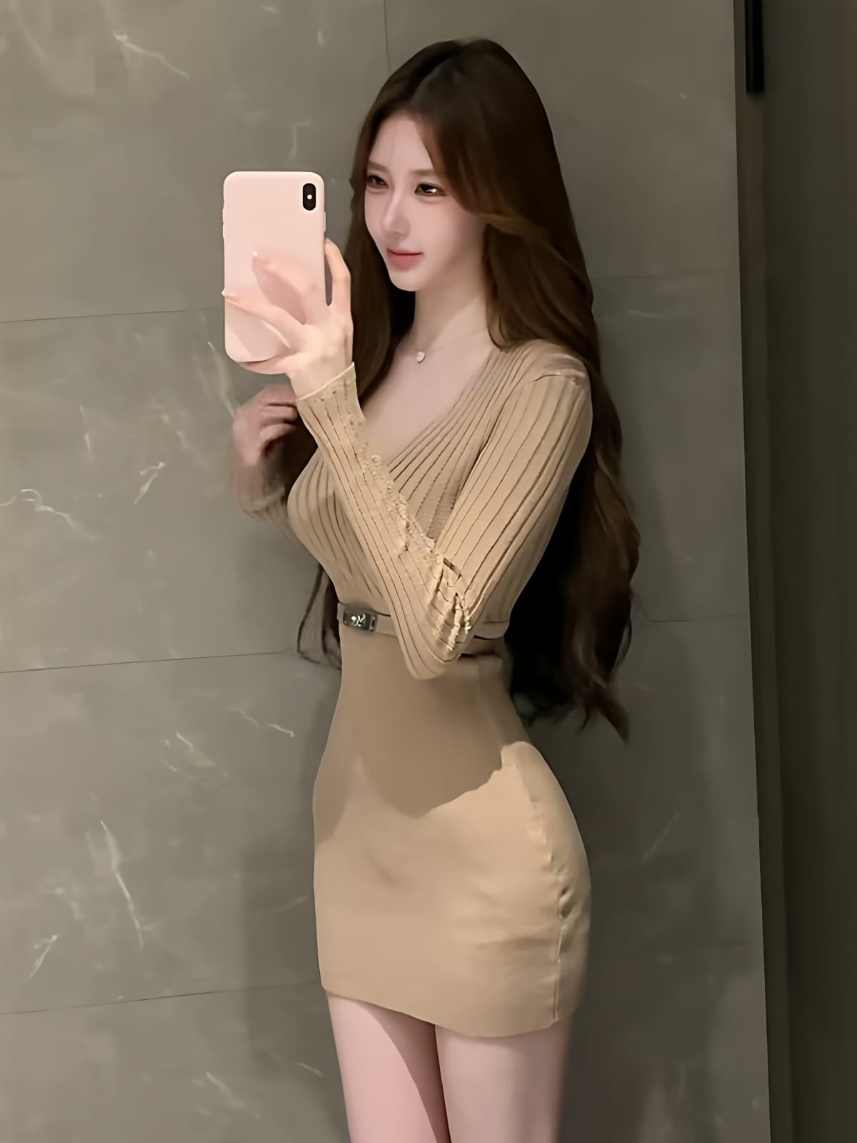 한 부서 품격 명문 여성 V넥 니트 스웨터 드레스 가을 겨울 작은 심장 기계 나이트 클럽 달콤한 매운맛 바람 ol 타이트 스커트 미니 스커트 이미지 3