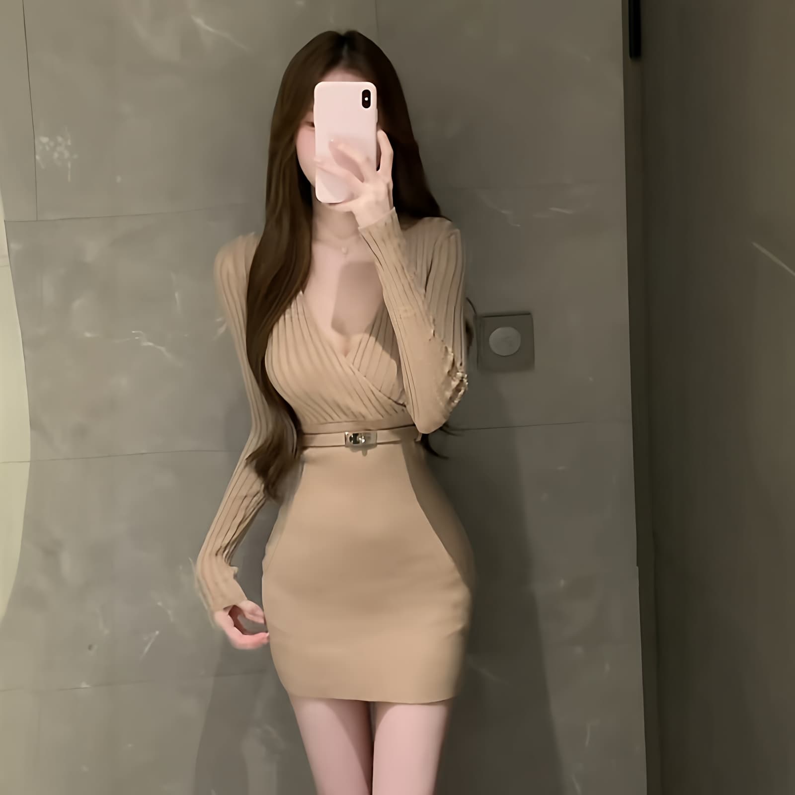 한 부서 품격 명문 여성 V넥 니트 스웨터 드레스 가을 겨울 작은 심장 기계 나이트 클럽 달콤한 매운맛 바람 ol 타이트 스커트 미니 스커트 상세 이미지 4
