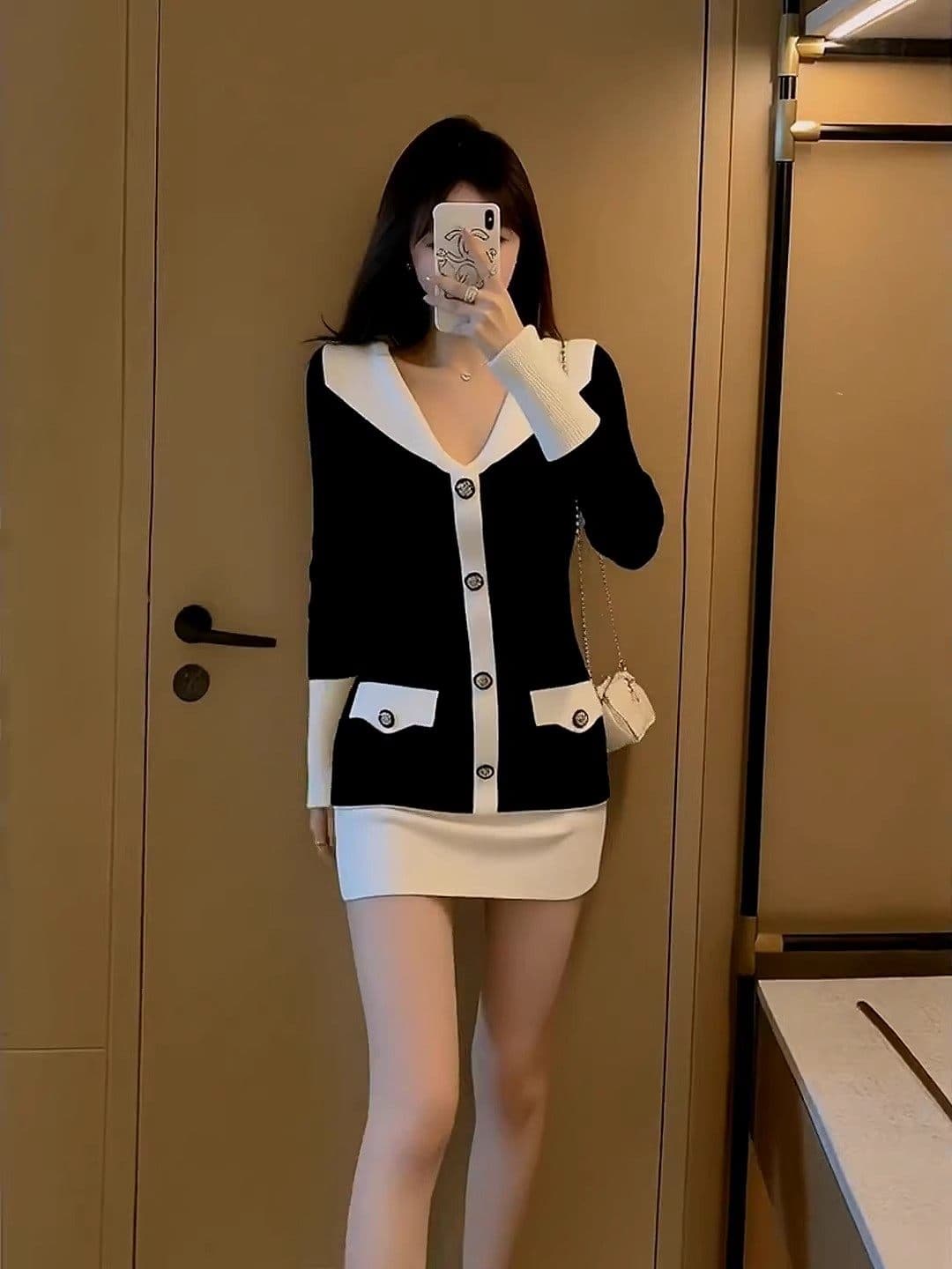 한국 작은 샤넬 스타일 신년 빨간색 폴로 칼라 니트 드레스 아이들 가을 겨울 새로운 명문 여성 품격 타이트 스커트 미니 스커트 상세 이미지 8