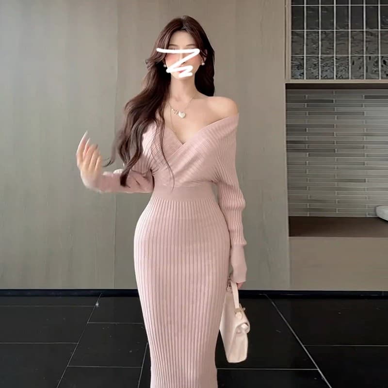 2026 새로운 로얄 자매 바람 품격 V넥 니트 드레스 아이들 가을 겨울철 핑크색 타이트 스커트 인사이드 가져 가라. 롱 스커트 이미지 3