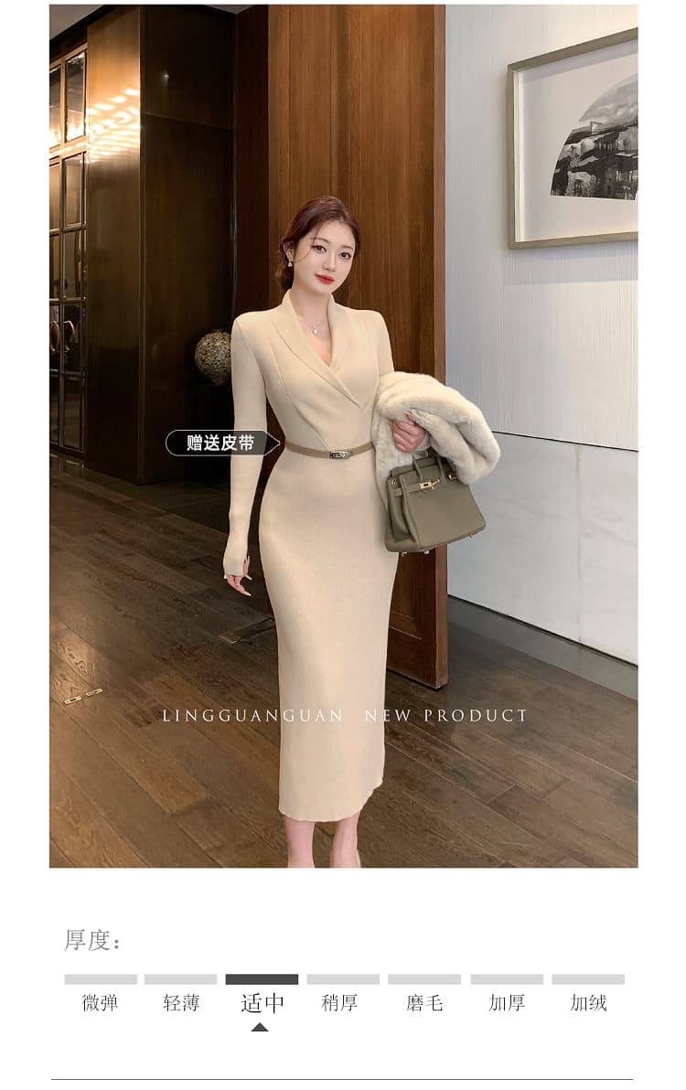 린 닫기 V넥 니트 타이트 스커트 여성 드레스 가을 겨울 프랑스식 사소한 품격 긴팔 스웨터 드레스 몸매 가꾸기 롱 스커트 상세 이미지 1