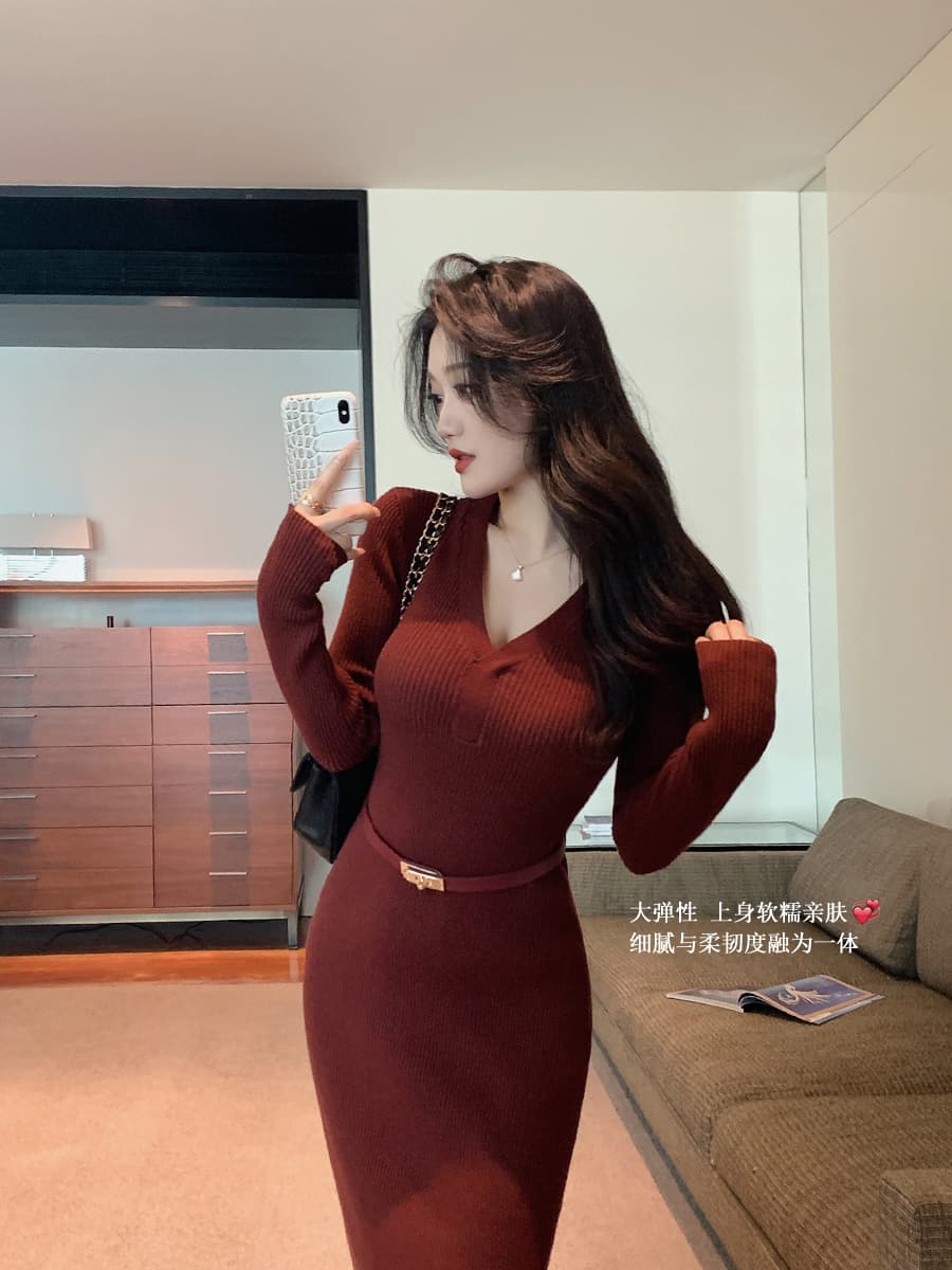 있음 선적 빨간색 니트 여성 드레스 가을 겨울 타이트 스커트 인사이드 가져 가라. 치마 스웨터 드레스 이미지 2