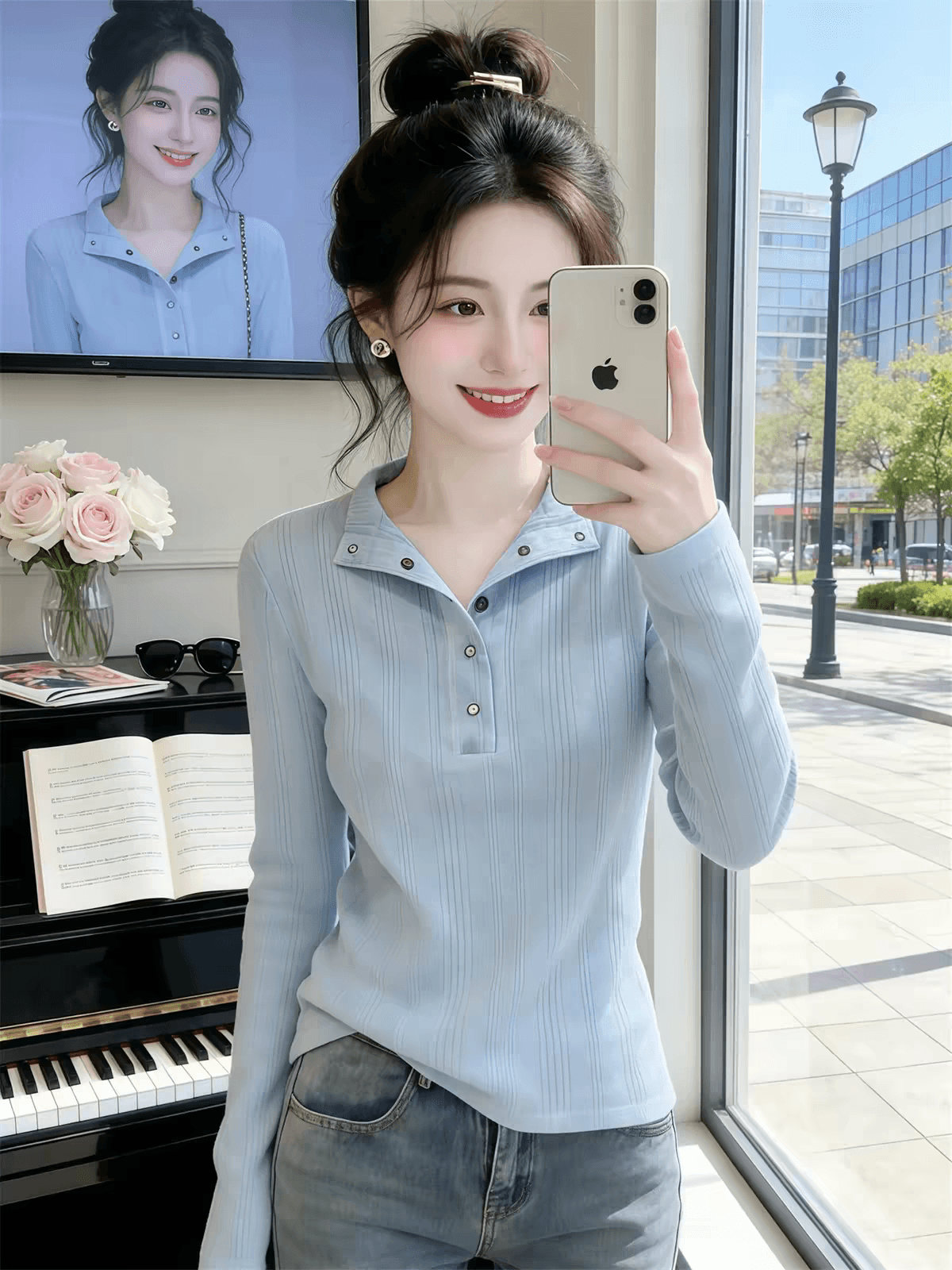 파란색 헨리 칼라 긴팔 티셔츠 여성 조기 가을 디자인 센스 몸매 가꾸기 슬림해 보이는 부드러운 순수한 욕망 외출용 만나는 맨위 이미지 4