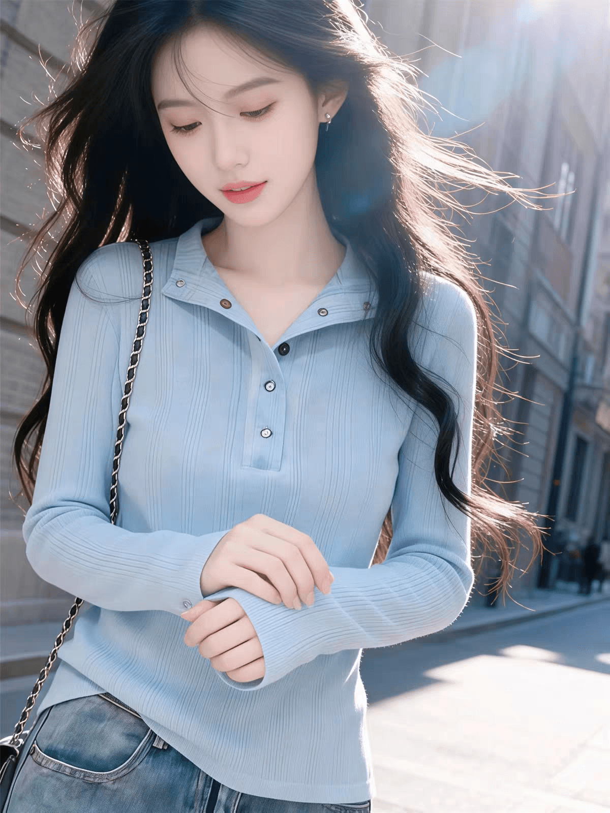 파란색 헨리 칼라 긴팔 티셔츠 여성 조기 가을 디자인 센스 몸매 가꾸기 슬림해 보이는 부드러운 순수한 욕망 외출용 만나는 맨위 상세 이미지 5
