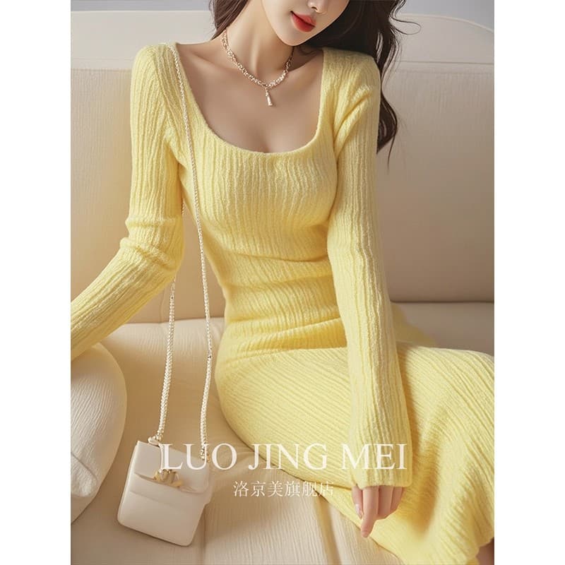 로얄 자매 Chic 아름다운 우유 씽 하는 소리 품격 치마 이른 가을 인사이드 가져 가라. 부유 한 가족 천 골드 몸매 가꾸기 황색 니트 드레스 이미지 5