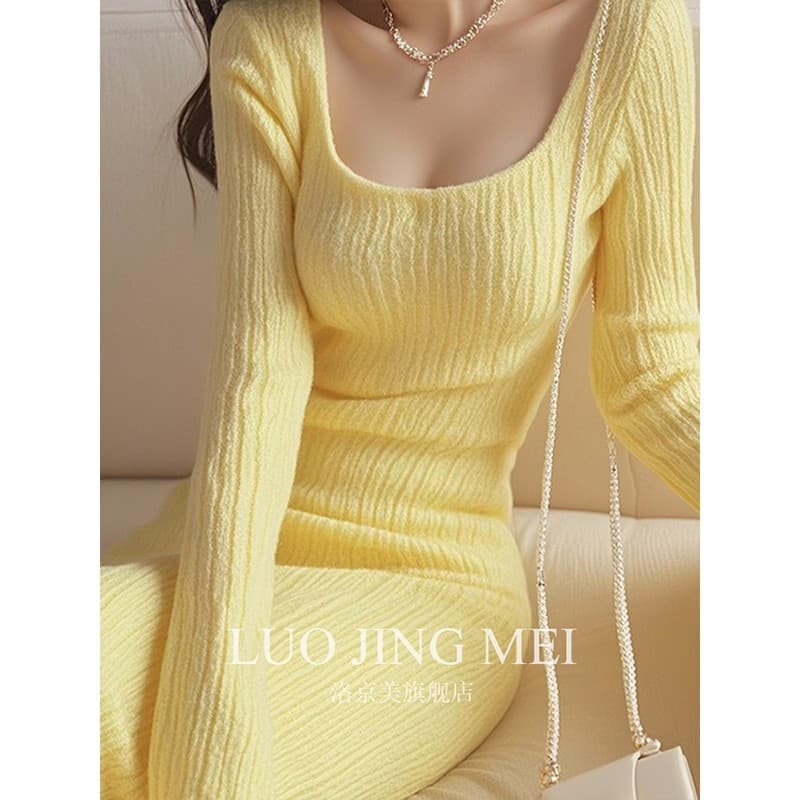 로얄 자매 Chic 아름다운 우유 씽 하는 소리 품격 치마 이른 가을 인사이드 가져 가라. 부유 한 가족 천 골드 몸매 가꾸기 황색 니트 드레스 상세 이미지 8