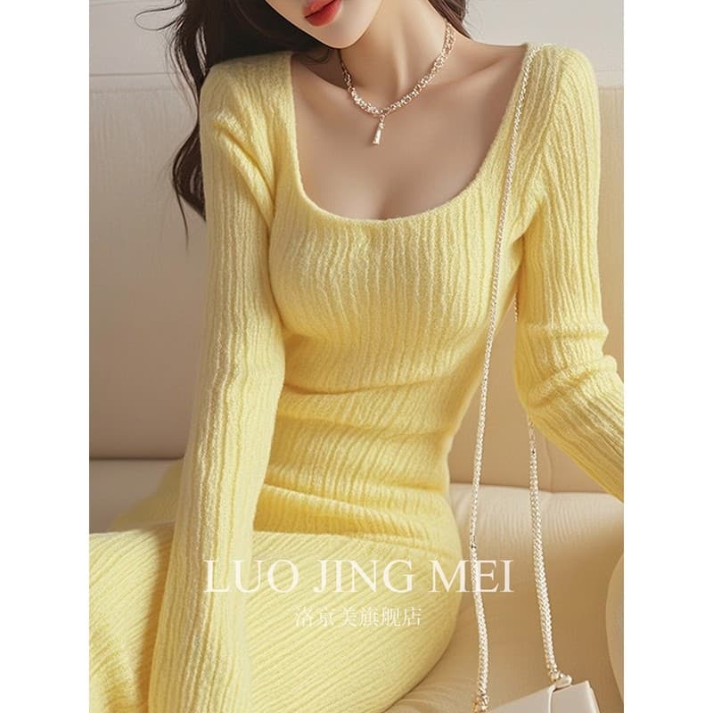 로얄 자매 Chic 아름다운 우유 씽 하는 소리 품격 치마 이른 가을 인사이드 가져 가라. 부유 한 가족 천 골드 몸매 가꾸기 황색 니트 드레스 상세 이미지 9