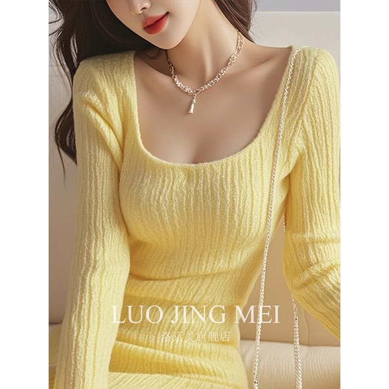 로얄 자매 Chic 아름다운 우유 씽 하는 소리 품격 치마 이른 가을 인사이드 가져 가라. 부유 한 가족 천 골드 몸매 가꾸기 황색 니트 드레스 상세 이미지 10