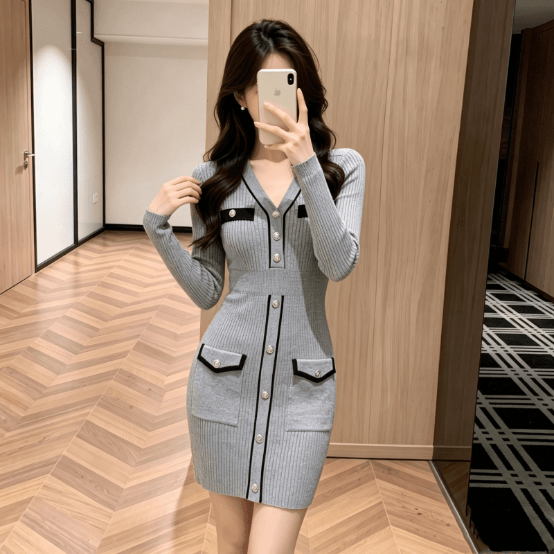 2026 년 작은 키 고급 회색 니트 드레스 가을 겨울 프랑스식 작은 샤넬 스타일 품격 몸매 가꾸기 스웨터 드레스 이미지 3