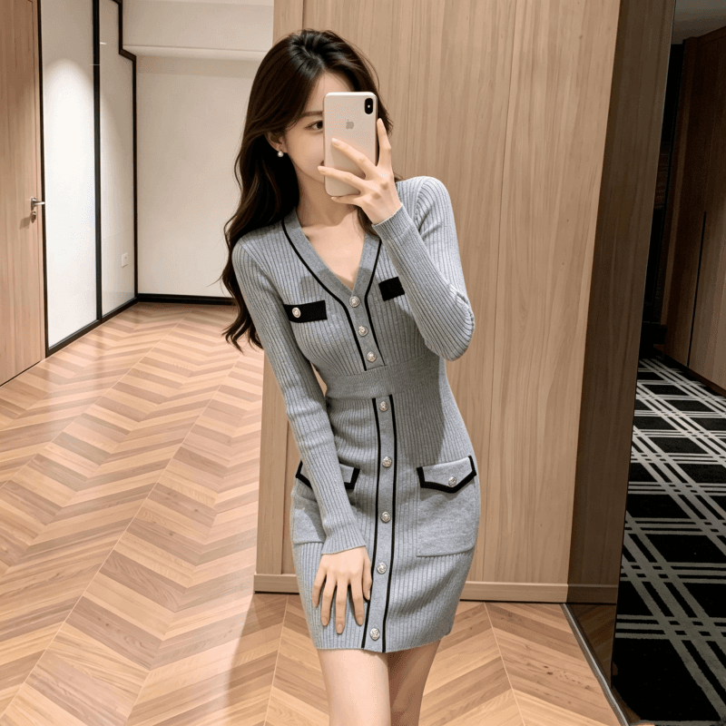 2026 년 작은 키 고급 회색 니트 드레스 가을 겨울 프랑스식 작은 샤넬 스타일 품격 몸매 가꾸기 스웨터 드레스 상세 이미지 6