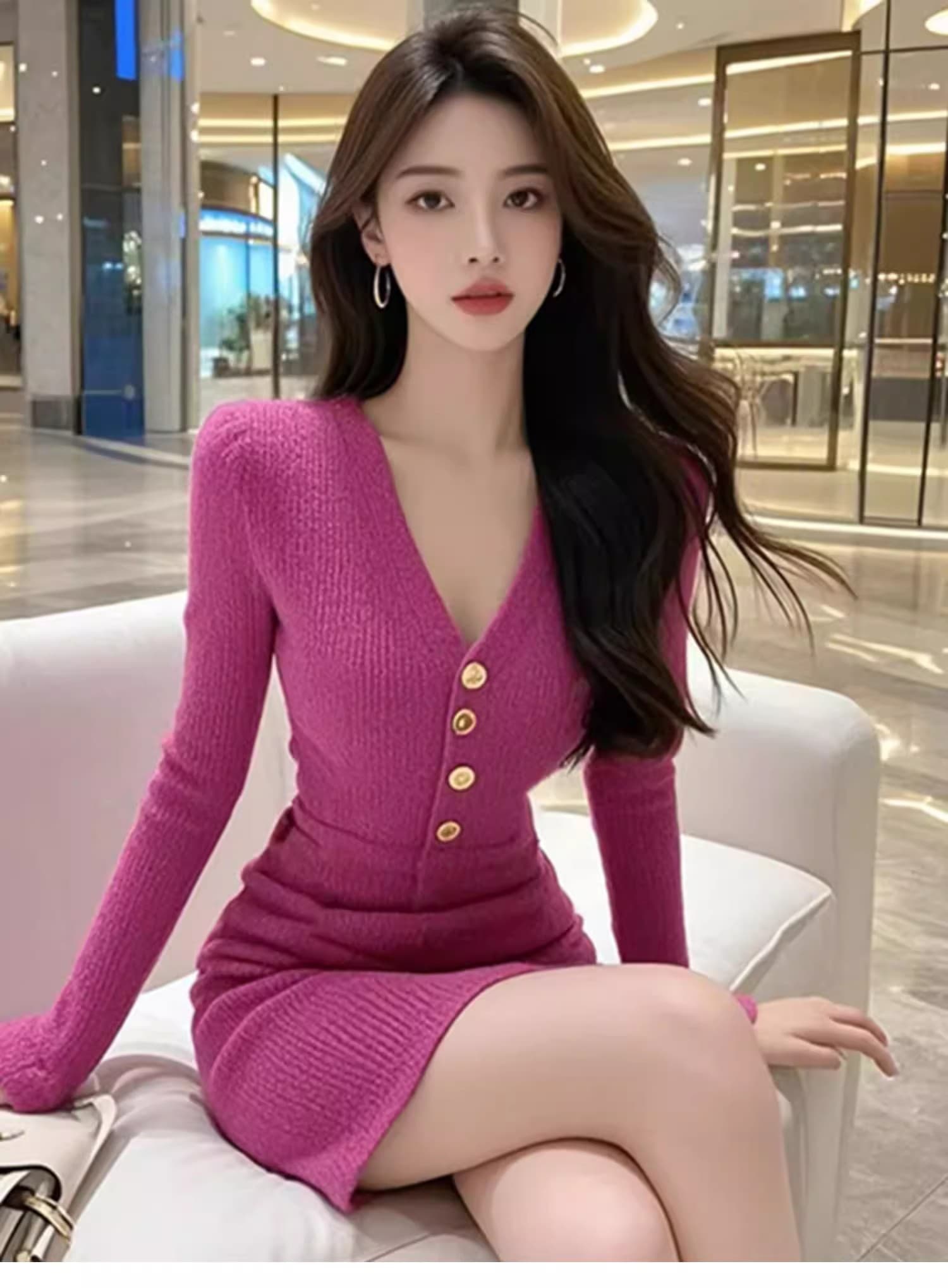작은 대중 명문 여성 부서 V넥 긴팔 여성 드레스 2026 새로운 프랑스식 품격 허리 수축 슬림해 보이는 만나는 한 마디 미니 스커트 상세 이미지 2