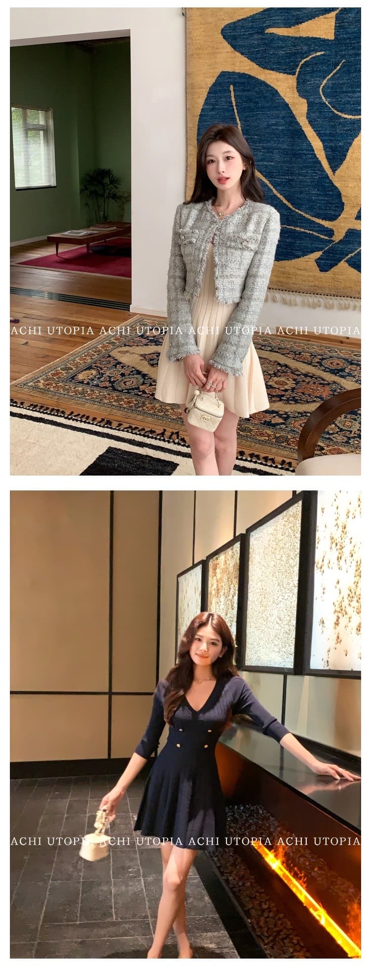 achi 대 또한 수영장 bal man 트위스트 꽃 해군 V넥 샤오시엔 니트 여성 드레스 중간 소매 쇼트 스타일 한 마디 치마 상세 이미지 22