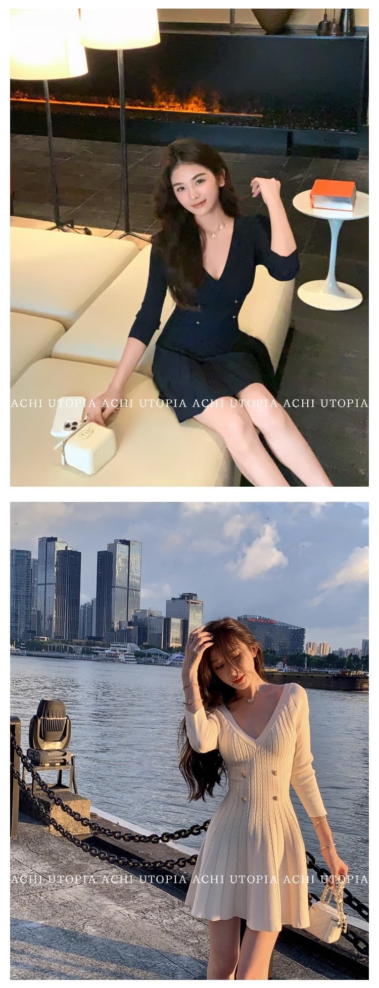 achi 대 또한 수영장 bal man 트위스트 꽃 해군 V넥 샤오시엔 니트 여성 드레스 중간 소매 쇼트 스타일 한 마디 치마 상세 이미지 24