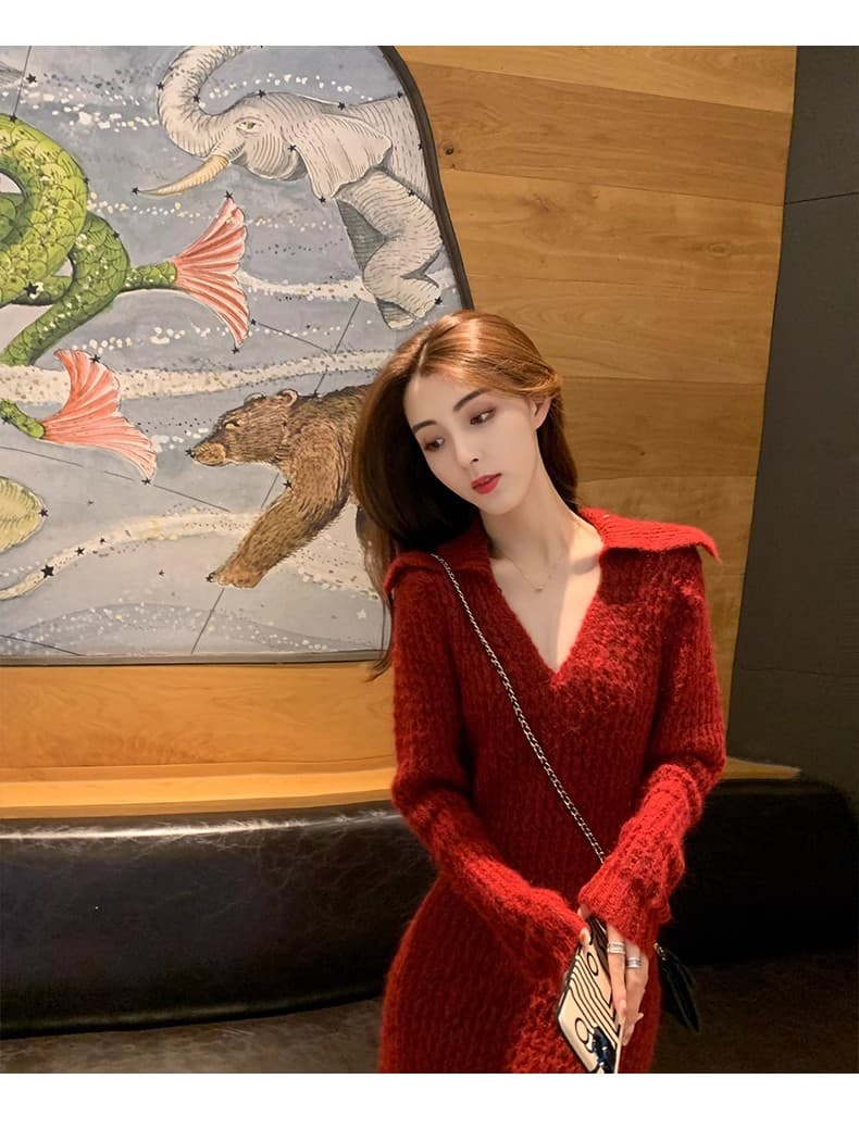 빨간색 니트 여성 드레스 가을 겨울 2026 년 새로운 작은 샤넬 스타일 몸매 가꾸기 만나는 인사이드 가져 가라. 새해 스웨터 롱 스커트 상세 이미지 15