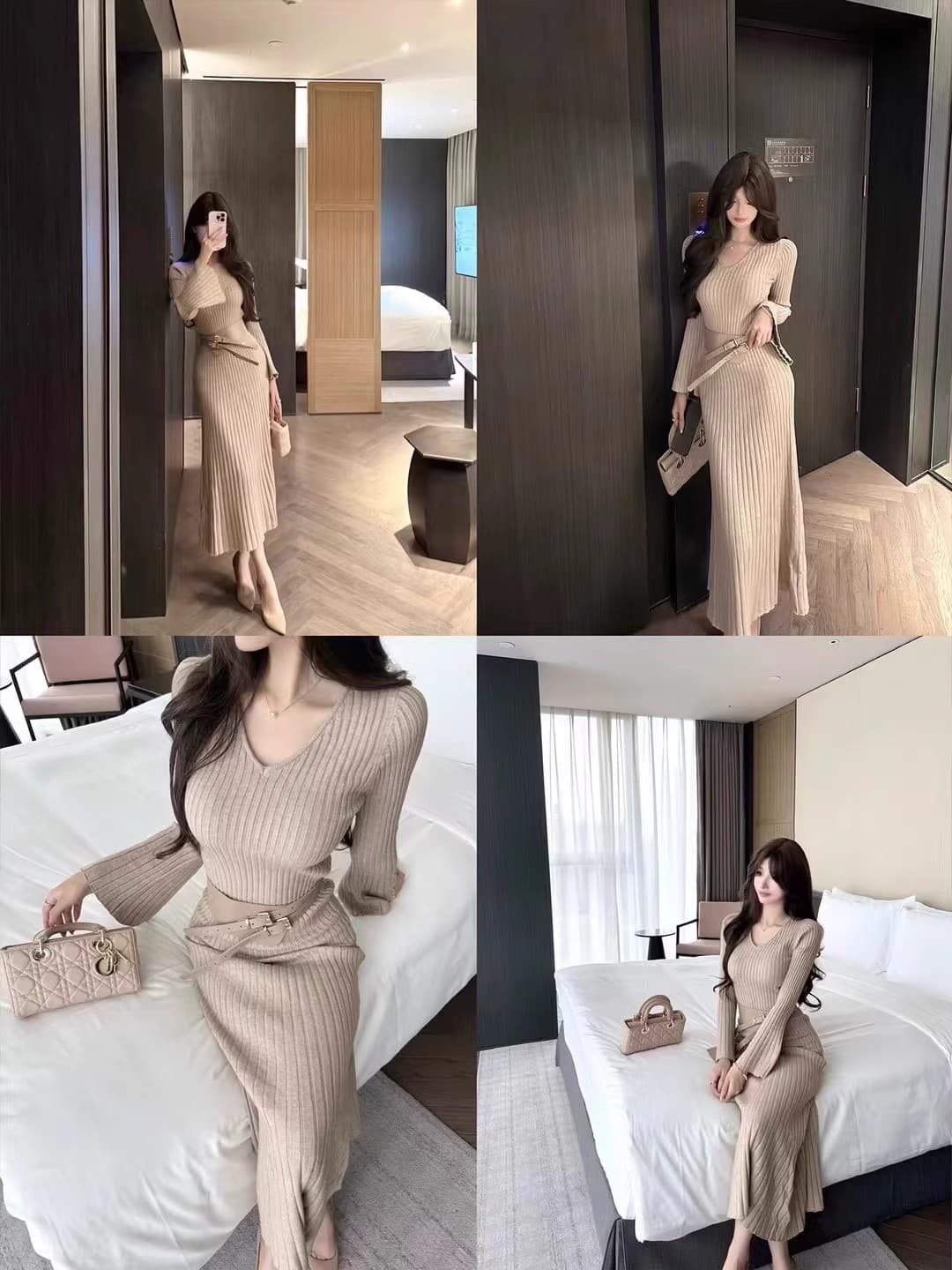 고급 센스 순수한 욕망 V넥 니트 스웨터 드레스 익스트림 제인 바람 디자인 센스 가을 겨울 인사이드 가져 가라. 타이트 스커트 인사이드 가져 가라. 롱 스커트 상세 이미지 4
