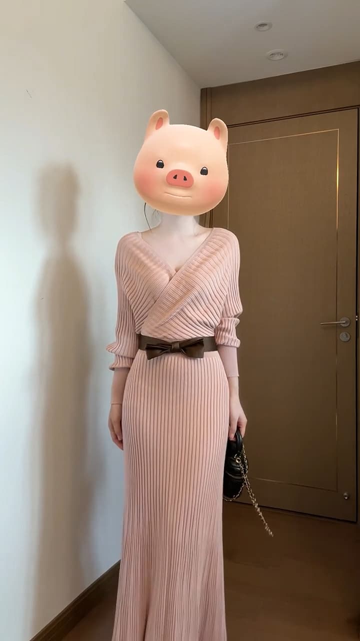 하트 비트 연애 편지 가을 한 부서 섹시함 핫걸 명문 여성 품격 V넥 니트 드레스 상세 이미지 5