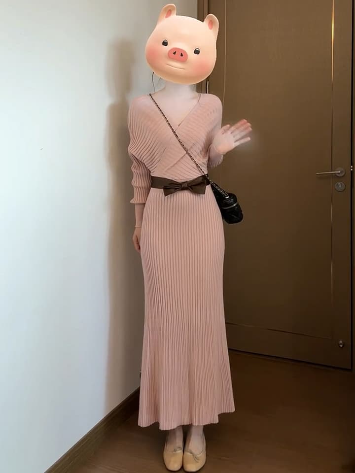 하트 비트 연애 편지 가을 한 부서 섹시함 핫걸 명문 여성 품격 V넥 니트 드레스 상세 이미지 6
