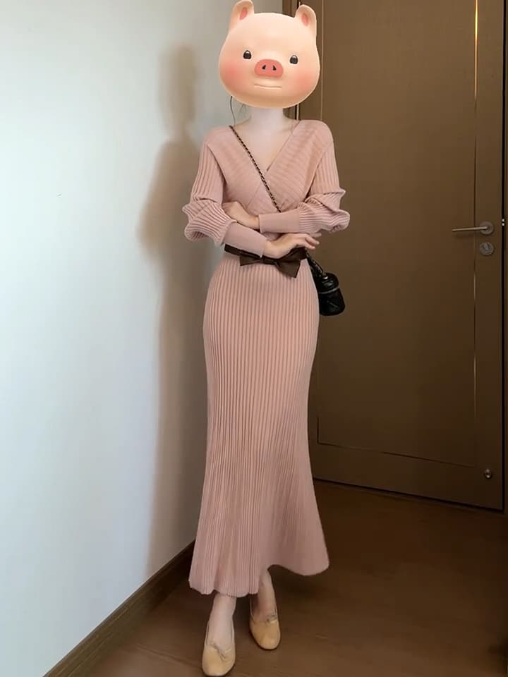 하트 비트 연애 편지 가을 한 부서 섹시함 핫걸 명문 여성 품격 V넥 니트 드레스 상세 이미지 7