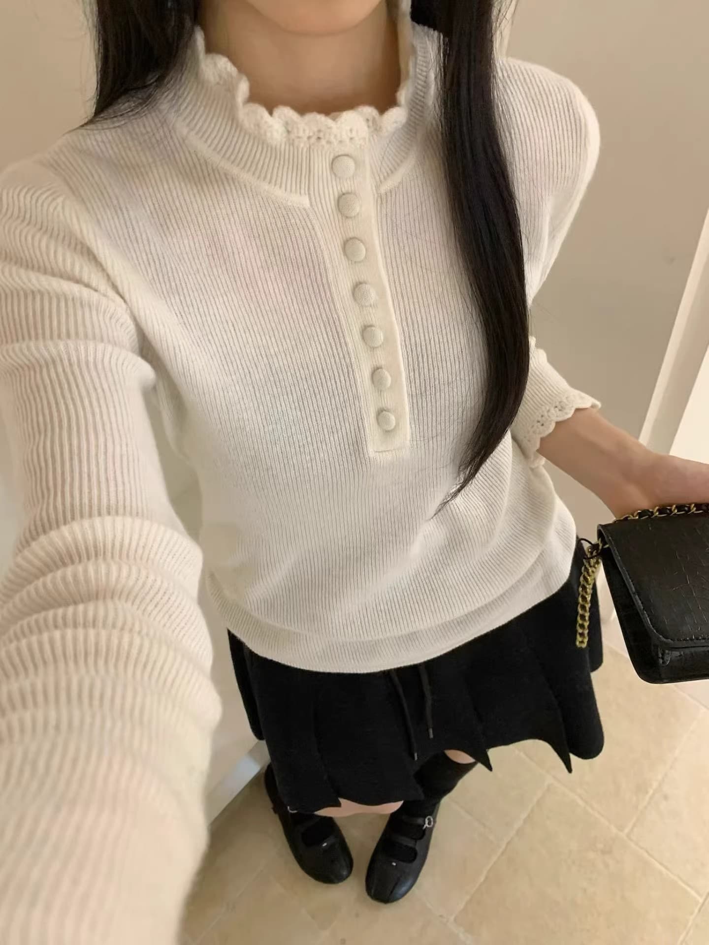 한 부서 회색 레이스 반하이넥 니트 기본 셔츠 여성 가을 겨울 디자인 센스 작은 대중 스웨터 인사이드 가져 가라. 긴팔 맨위 이미지 4