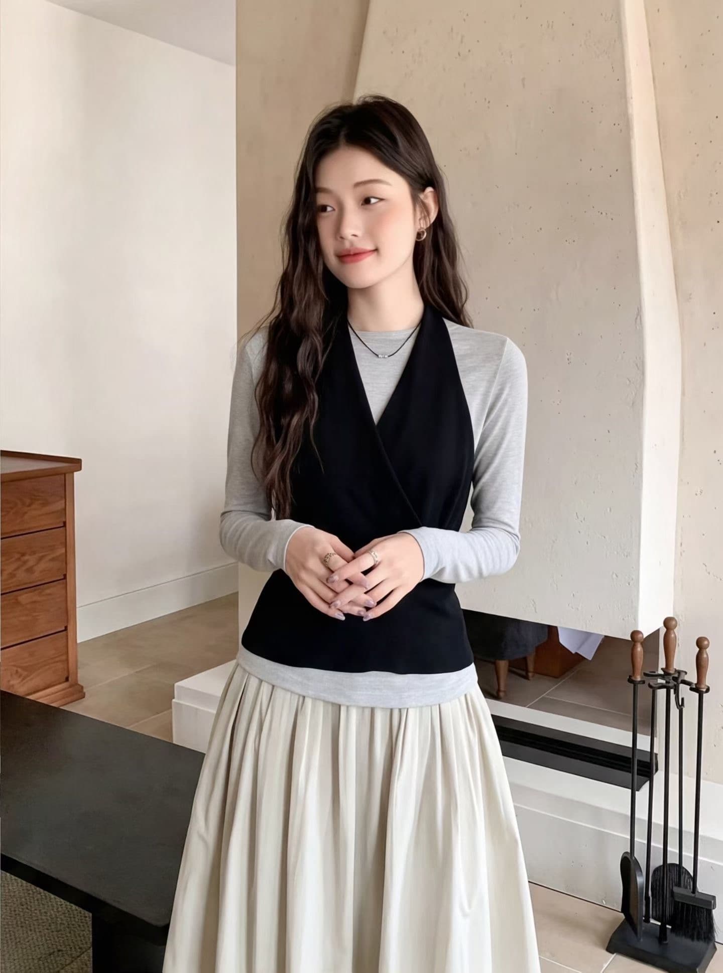 한국 스타일 패치워크 스트라이프 행침 목 조끼 베스트 페이크 레이어드 니트 스웨터 여성 2026 가을 디자인 센스 외국 가스 작은 셔츠 이미지 2