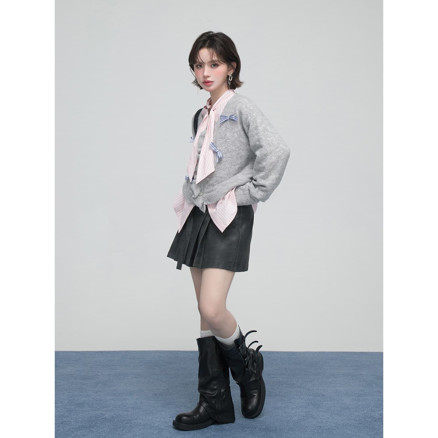 oneofuuu 작은 키 袅 그을음 나비 매듭 프릴 모직물 오픈 가디건 자이언트 잘 생긴 ~ 중 착용 가져 가라. 상세 이미지 5