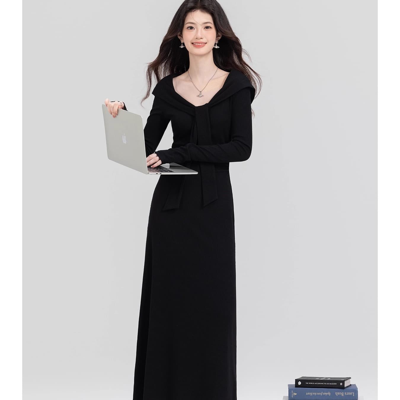 2026 년 가을 느긋한 바람 페이크 레이어드 레이스업 숄 드레스 백작 센스 슬림해 보이는 인사이드 가져 가라. 니트 롱 스커트 이미지 3