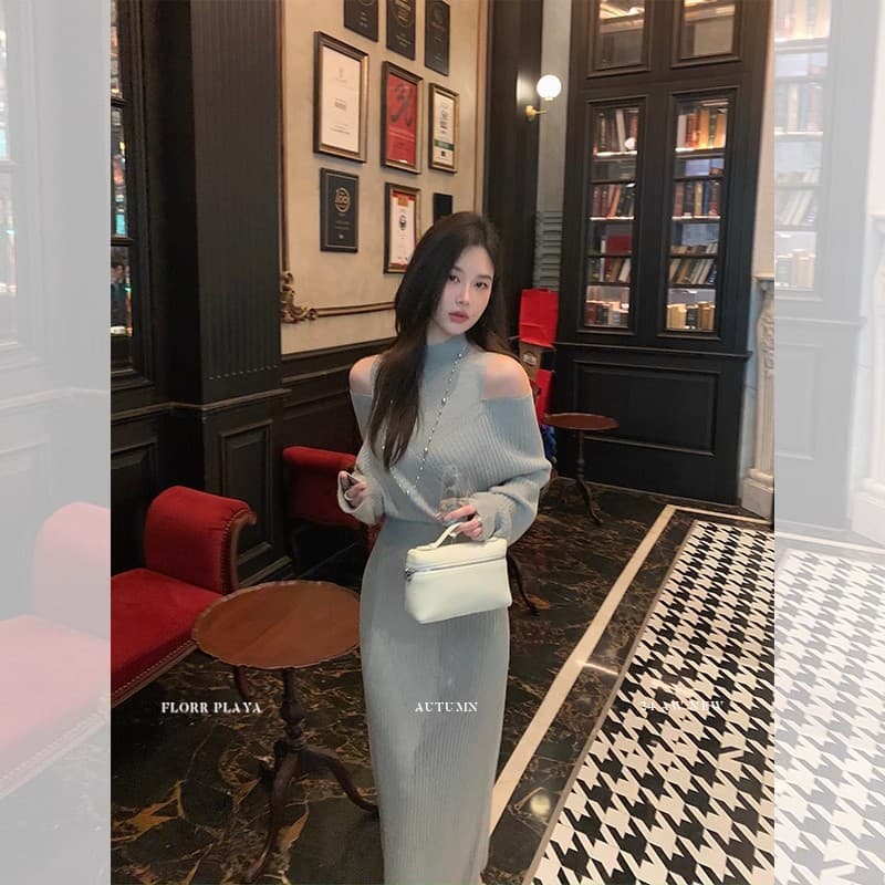 꽃 위안 이상적인 유럽 니켈 품격 허리 수축 니트 여성 드레스 가을 겨울 디자인 센스 오프숄더 페이크 레이어드 롱 스커트 이미지 3
