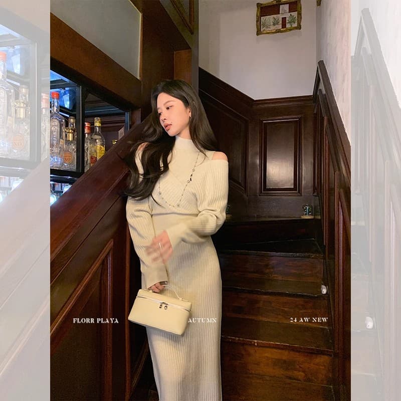 꽃 위안 이상적인 유럽 니켈 품격 허리 수축 니트 여성 드레스 가을 겨울 디자인 센스 오프숄더 페이크 레이어드 롱 스커트 이미지 4