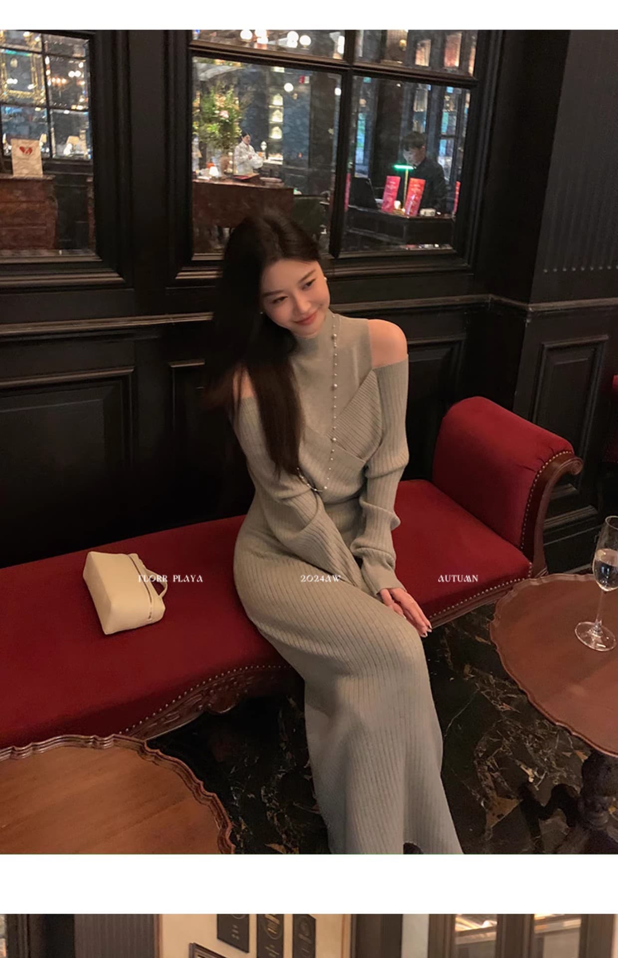 꽃 위안 이상적인 유럽 니켈 품격 허리 수축 니트 여성 드레스 가을 겨울 디자인 센스 오프숄더 페이크 레이어드 롱 스커트 상세 이미지 20