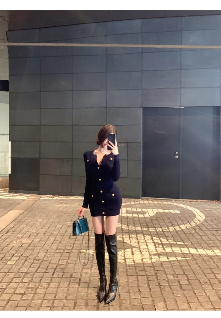 지능 바 서울 남자 작은 샤넬 스타일 천 골드 센스 몸매 가꾸기 허리 수축 니트 긴 소매 여성 드레스 상세 이미지 14