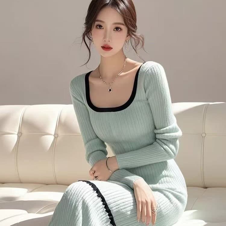경기 코트 인사이드 가져 가라. 롱 코트 만나는 스웨터 드레스 허리 수축 슬림해 보이는 품격 긴팔 광장 칼라 니트 여성 드레스 가을 겨울