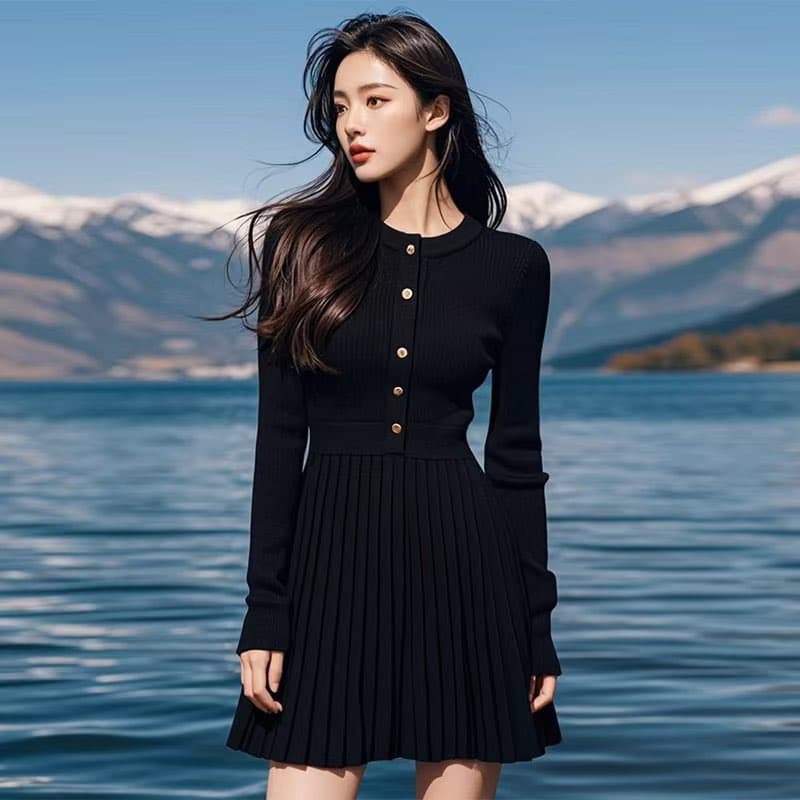 유럽 역 그는 벤 바람 작은 검은 드레스 품격 슬림해 보이는 플리츠 니트 스웨터 드레스 가을 겨울 작은 키 기본 스커트 이미지 4