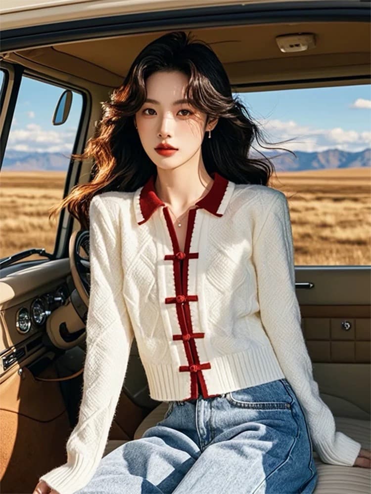 새로운 중식 국풍 패치워크 색상 POLO 칼라 긴팔 니트 스웨터 스웨터 여자 조기 가을 새로운 아니요 명중 섹션 맨위 이미지 3