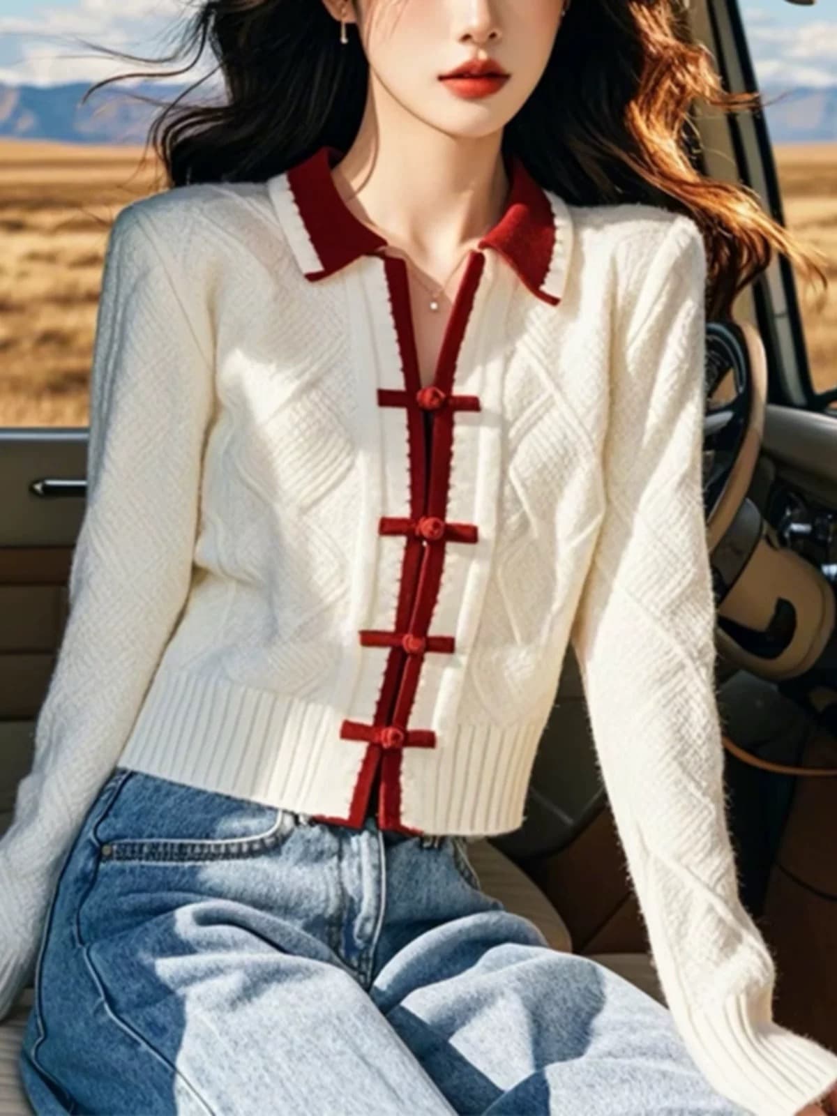 새로운 중식 국풍 패치워크 색상 POLO 칼라 긴팔 니트 스웨터 스웨터 여자 조기 가을 새로운 아니요 명중 섹션 맨위 상세 이미지 6