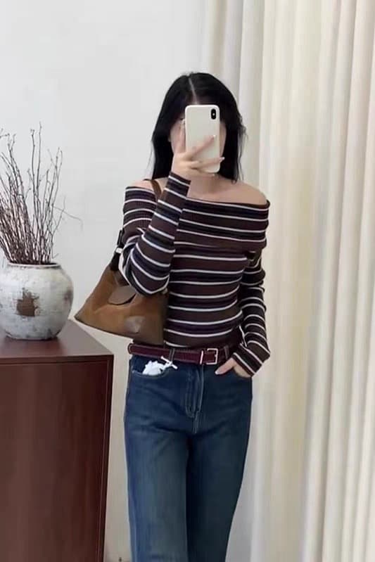 가을 겨울 품격 배색 스트라이프 한 단어 오프숄더 다용도 니트 스웨터 작은 셔츠 긴팔 슬림해 보이는 맨위 상세 이미지 6