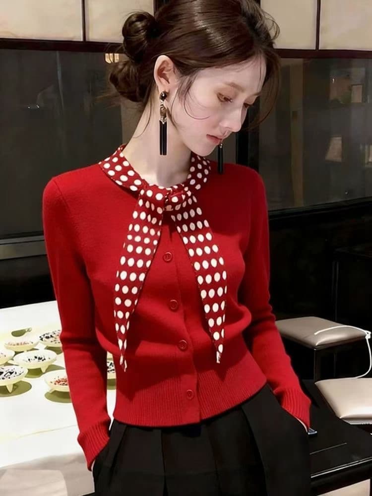 빨간색 도트 무늬 스카프 칼라 스웨터 여자 고유 한 아름다운 크리스마스 신년 겨울 인사이드 가져 가라. 수 있습니다. 외출용 니트 스웨터 맨위 상세 이미지 6