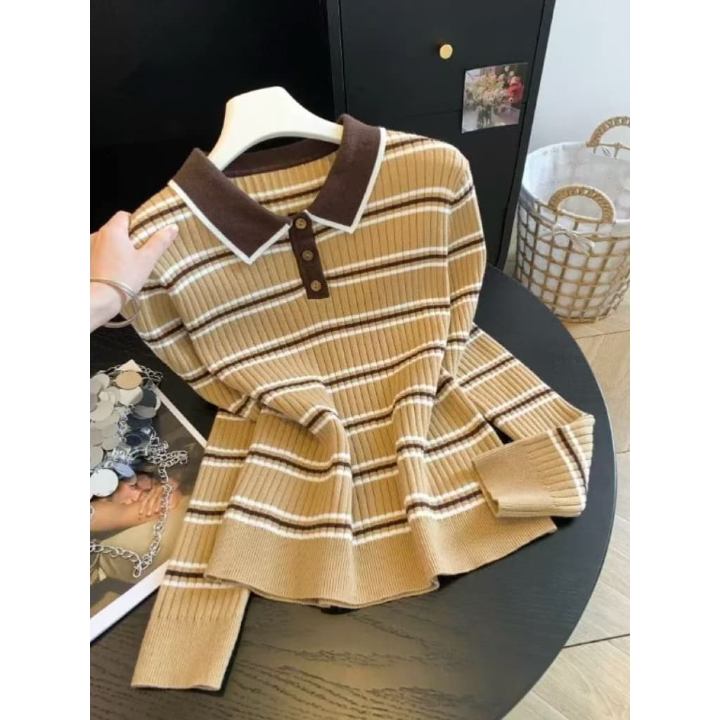 2026 이른 가을 새로운 레트로 배색 스트라이프 POLO 칼라 긴팔 니트 스웨터 여성 출퇴근 다용도 슬림해 보이는 맨위 여성 이미지 3