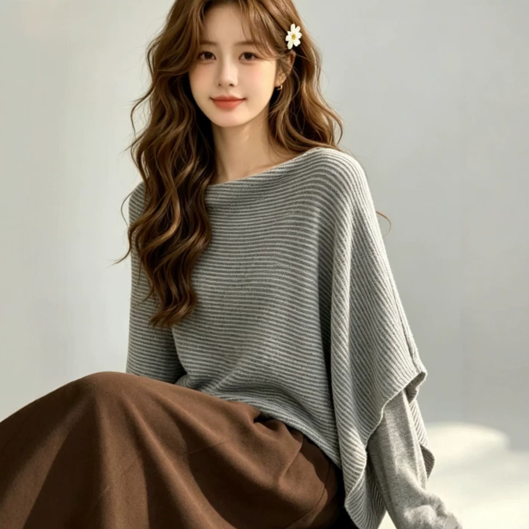 품격 부드러운 디자인 센스 숄 페이크 레이어드 니트 스웨터 여성 가을 새로운 이른 가을 새로운 단색 긴팔 맨위 이미지 5