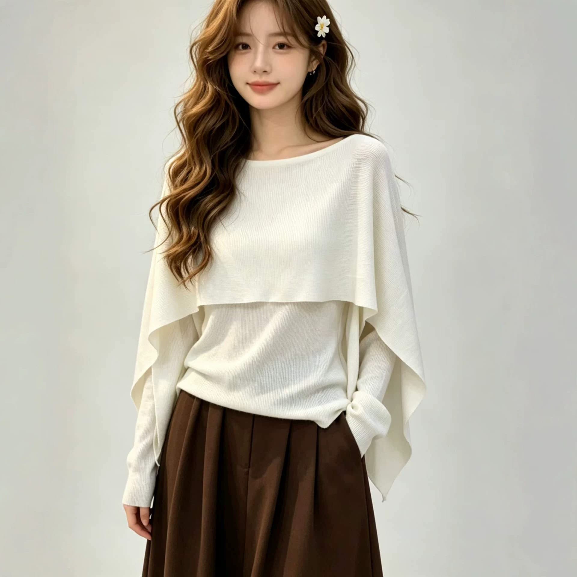품격 부드러운 디자인 센스 숄 페이크 레이어드 니트 스웨터 여성 가을 새로운 이른 가을 새로운 단색 긴팔 맨위 상세 이미지 5