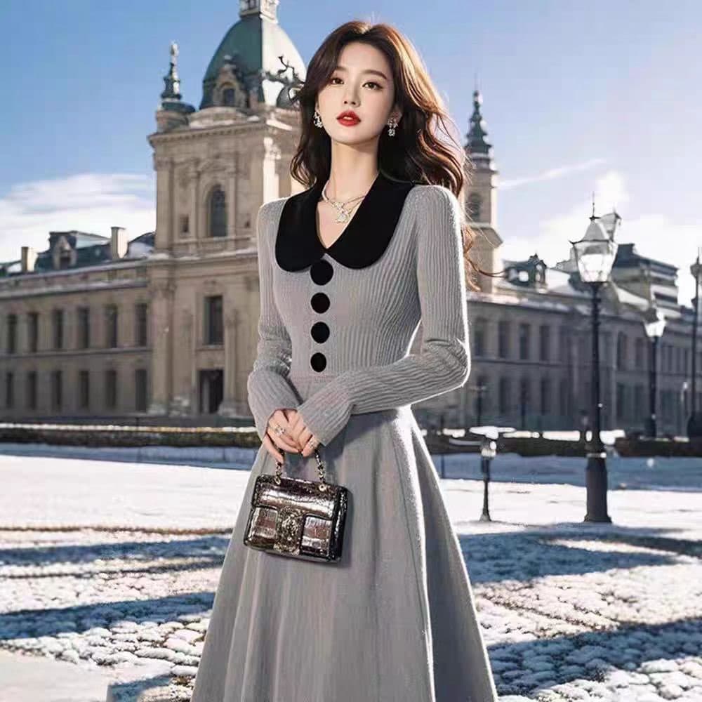 한국 레트로 polo 폴로 칼라 허리 수축 두꺼운 니트 스웨터 드레스 명문 여성 샤오 양 로드 중 무릎 아래 롱 스커트 상세 이미지 2