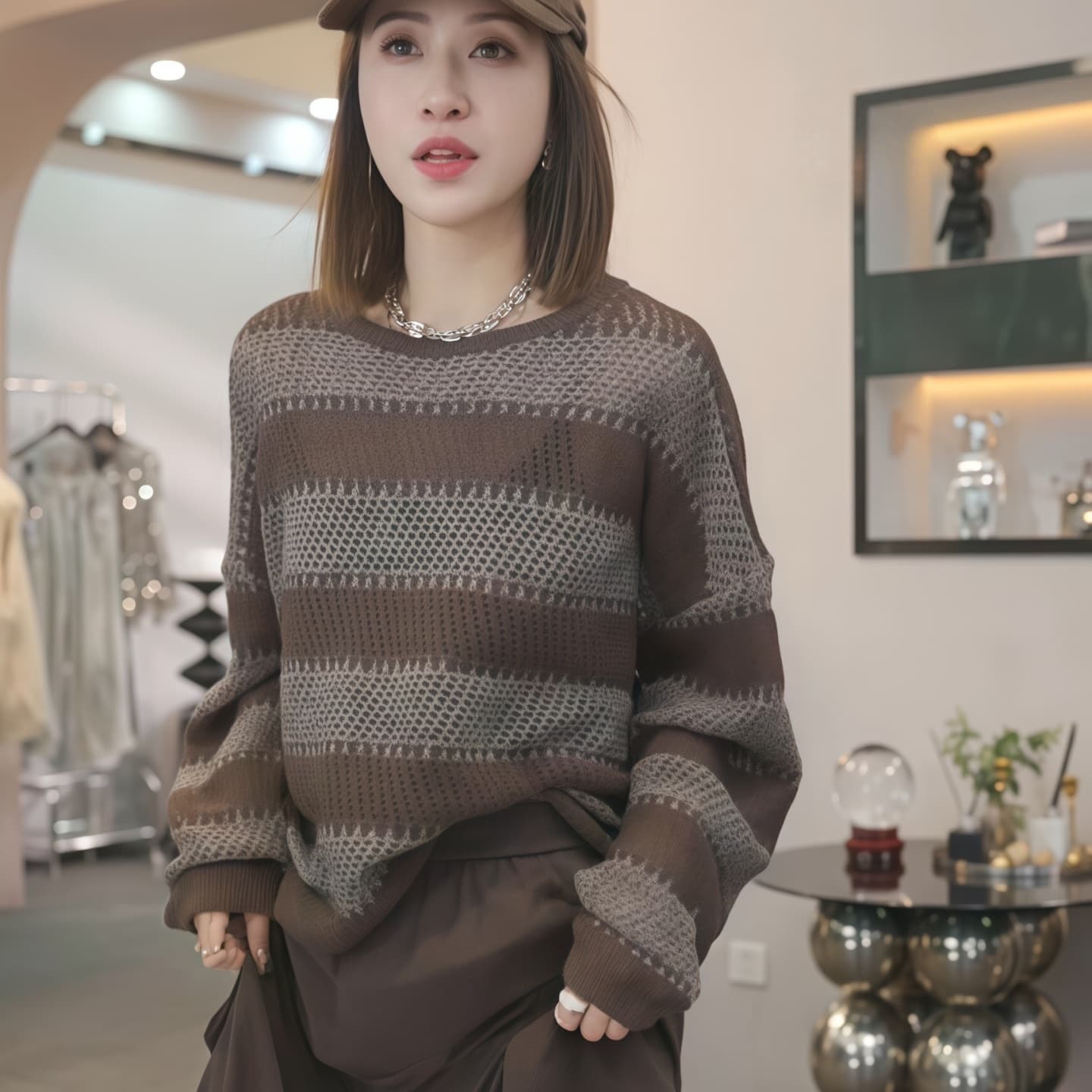 긴팔 스트라이프 홀로우 아웃 니트 스웨터 여성 이른 가을 커피 색상 기본 셔츠 2025 새로운 한 부서 느긋한 루즈핏 여성 셔츠 상세 이미지 5