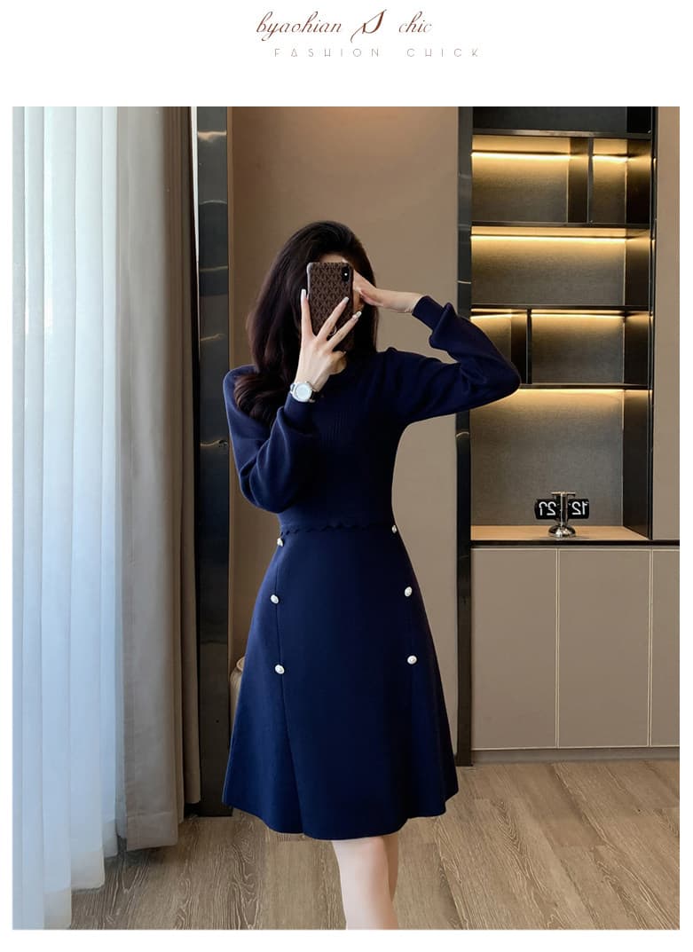 한국 빛 럭셔리 우아함 위엄있는 홍콩 스타일 레트로 작은 샤넬 스타일 품격 니트 드레스 가을 겨울 금속 버클 스웨터 드레스 상세 이미지 10